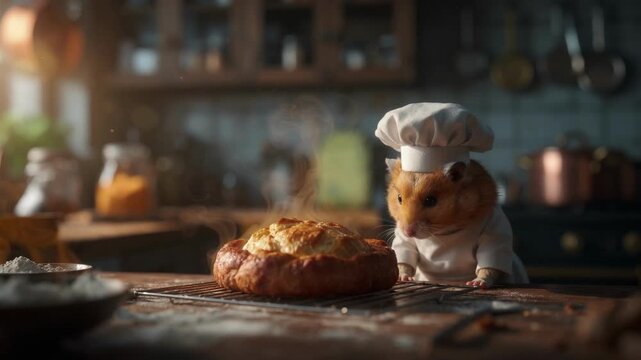 Hamster Chef Admiring Freshly Baked Bread in Rustic Kitchen with Warm Cinematic Lighting