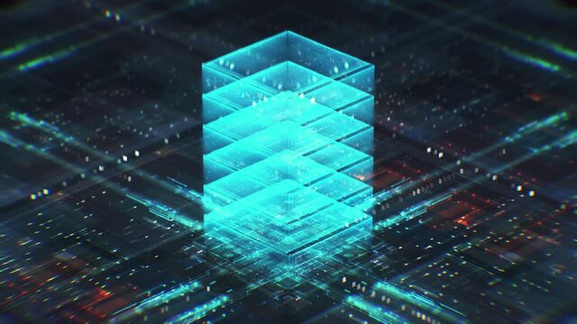 Digital Data Center of Server Rack Background. Ai Cloud Network Science Storage Infrastructure with Animation Blocks. Cyberpunk Advanced Database Computer in Futuristic High Tech Crypto Processing 4k