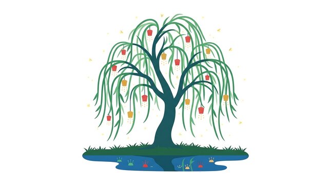 Stylized weeping willow tree vector icon standing by a serene river with colorful lanterns hanging on branches