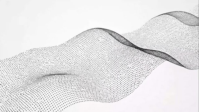 Abstract digital background with flowing wave pattern made of small dots.