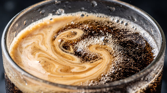 Swirling Cream and Fizzy Cola with Effervescent Bubbles and Vanilla Specks Close-Up