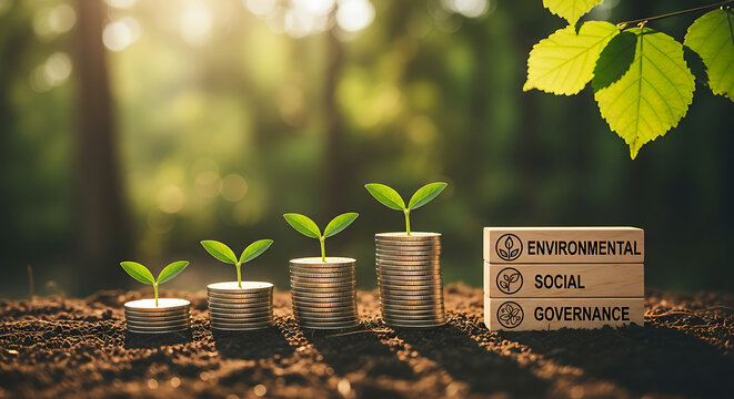 ESG concept growth stacks of coins with plants growing from soil