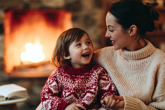 Mother and child sharing joy and laughter by a warm fireplace during winter home