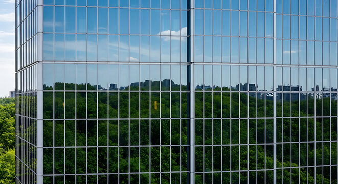 Modern Glass Skyscraper Reflecting Lush Green Trees and City Skyline