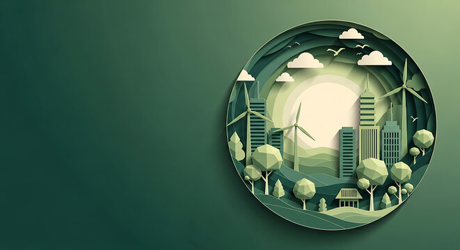 Sustainable Cityscape with Wind Turbines and Green Energy Concepts