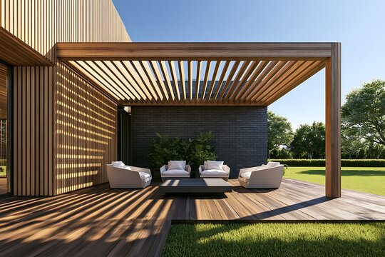 Elegant backyard patio with a wooden pergola, modern seating area, and dark stone wall, showcasing architectural design and outdoor living space