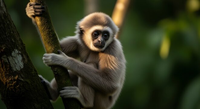 Wild gibbon monkey clinging to a tree branch in a lush forest