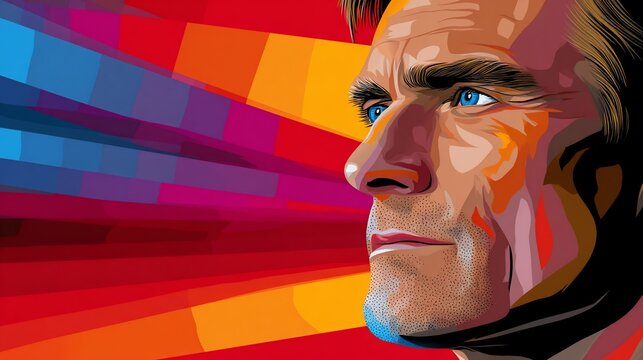 Man's face with colorful rays emanating from behind, gazing into distance