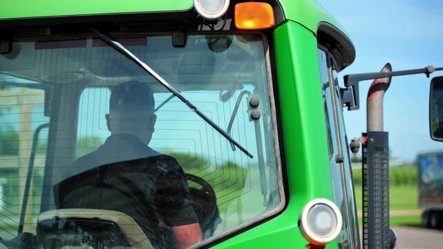 Farmer operating a agricultural tractor going through greenhouse. Close up shoot of farming equipment used for fieldwork and crop production. Close up