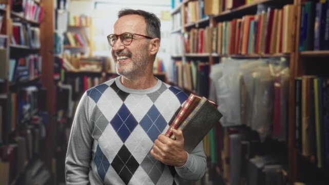 Man holding books to chest in a bookstore building, smiling, wearing argyle sweater and glasses; quiet contentment.