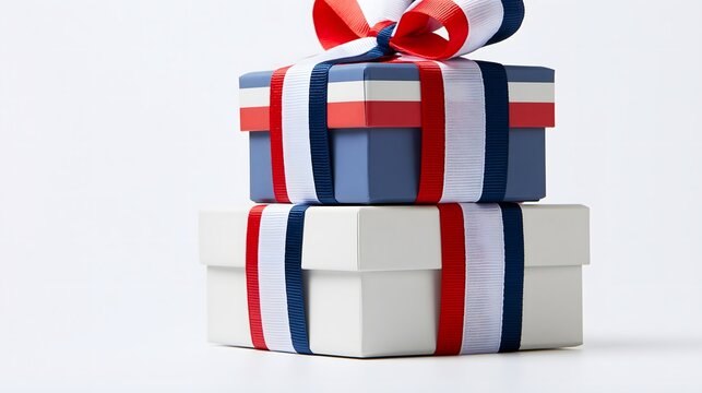 Stacked white and blue luxury gift boxes tied with tricolor grosgrain ribbon bow. Premium gift packaging display for corporate rewards and retail promotions on a white background.
