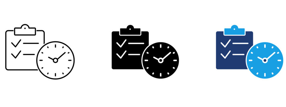 Clipboard with checklist and clock icon. Symbol of time management, task scheduling, project planning, deadline, productivity, workflow, to-do list, organization, and efficiency.