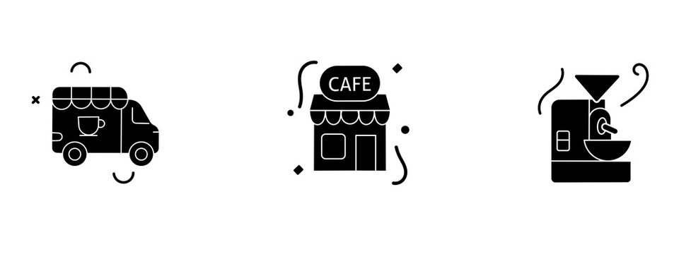 Coffee shop, food truck, and coffee roaster machine icon set. Symbol of coffee business, cafe storefront, mobile coffee truck, bean roasting, espresso bar, and brewing industry.
