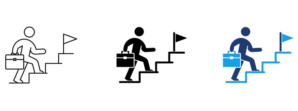 Businessman walking up stairs to flag icon. Symbol of career growth, goal achievement, success, ambition, progress, leadership, motivation, business development, and target reaching.