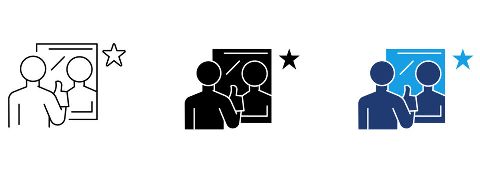 Self reflection icon with mirror, thumbs up, and star. Symbol of self esteem, confidence, positive mind, personality development, satisfaction, motivation, personal growth, and success.