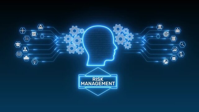 Futuristic AI risk management ecosystem connecting business intelligence, governance processes and operational analytics across a glowing digital network 4k visuals