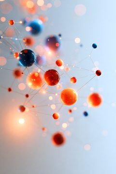 High-tech sci-fi background featuring glowing gradient spheres linked by fine neural network lines. Futuristic wallpaper layout with copy space for digital science innovation banners.