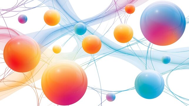 Abstract sci-fi background featuring vibrant floating 3D spheres and interconnected neural network lines. Futuristic technology artificial intelligence banner design layout on clean white backdrop.