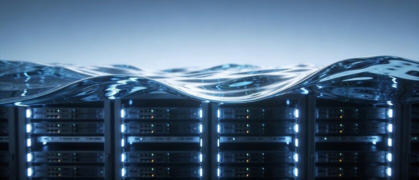 Abstract concept of submerged data center servers under blue water waves representing liquid cooling