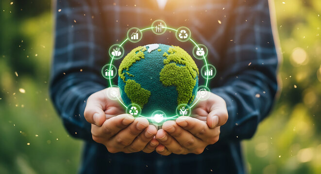 Hands Holding Green Earth with Sustainability Icons and Growth Chart