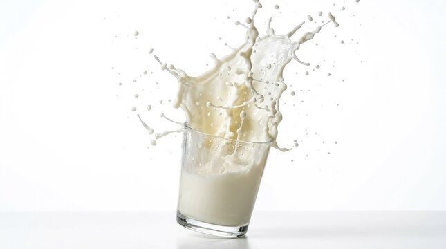 Spectacular Fresh White Milk Splashing Dynamically From A Clear-Tipped Glass Against A White Background