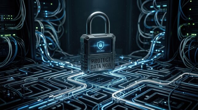 Floating digital padlock in a dark server room with glowing blue fiber optic floor circuits, featuring PROTECT DATA NOW and SECURED text for cybersecurity and data protection.