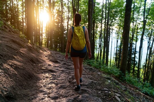 Hiker woman with a yellow backpack hiking along a rocky path in a lush green forest
