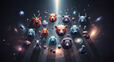 Cosmic animal heads floating in deep space