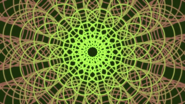 Geometric pattern features interlocking lime green circles arranged in a symmetrical radial mandala design against a dark background.