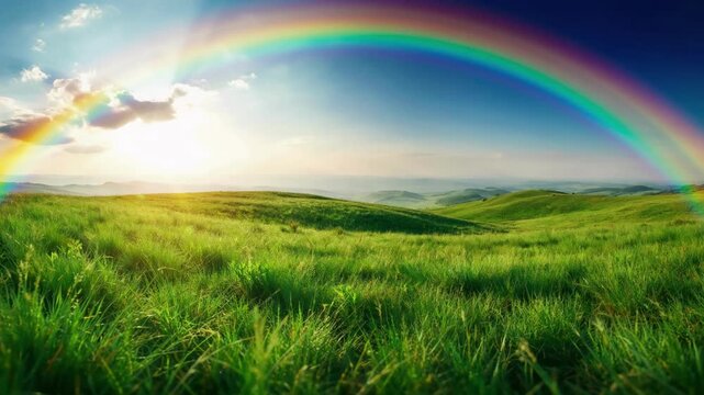 Rainbow Arches over Rolling Green Hills at Sunset in Cinematic Landscape with Vibrant Colors and Copy Space