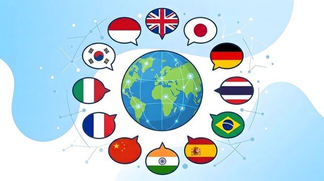 Global Language Learning Concept with World Map and Multilingual Speech Bubbles