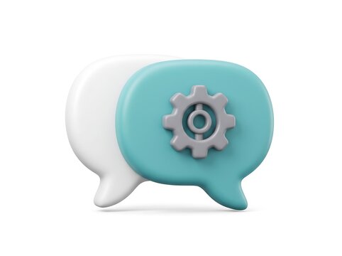 3D render of gear cogwheel settings icon inside a speech bubble with technical support