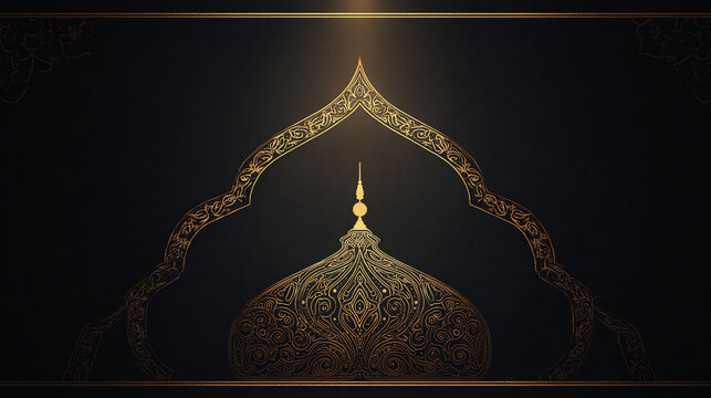 Golden mosque dome with intricate patterns and glowing light for Islamic celebration