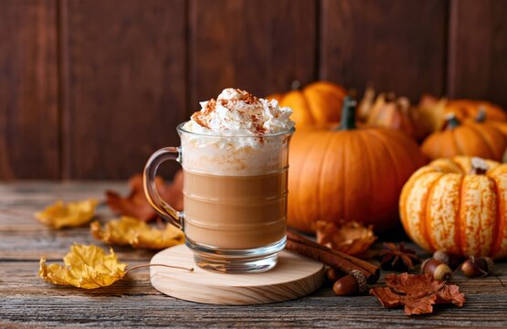 Pumpkin spice latte drink with whipped cream and autumn leaves on rustic wood