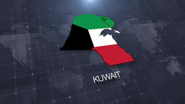 Kuwait map with national flag on digital world map background, geographic border, global political and international news concept