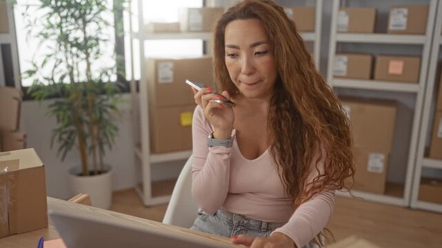 Young woman holding smartphone and tapping laptop while checking parcel labels in office building; focused productivity.