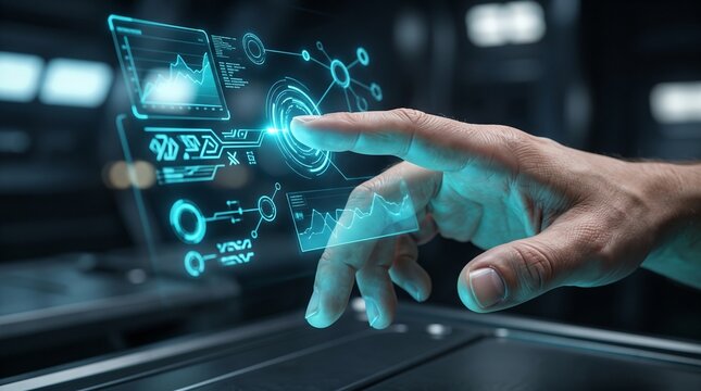 A human hand interacts with a glowing holographic digital interface showing data analytics and network connections in a futuristic environment where technology connects people to advanced
