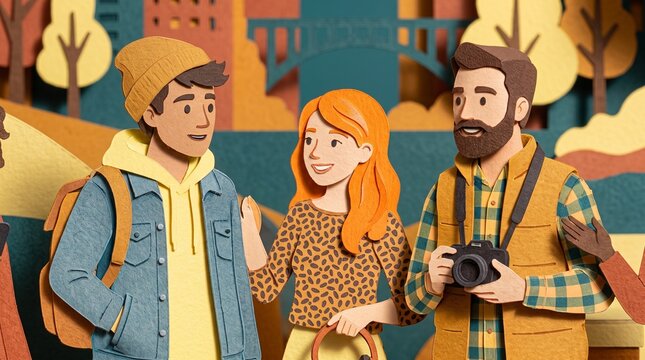 A diverse group of cheerful friends enjoying an autumn walk together outdoors while exploring a city park during the harvest season wearing casual clothing and carrying backpacks for travel