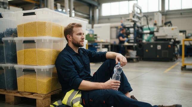 Industrial worker taking a refreshing water break amidst plastic resin storage containers in a modern manufacturing facility production floor setting