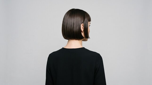 Young woman with short brown hair seen from behind wearing black clothing demonstrating a professional hairstyle trend while looking sideways as she waits for a styling appointment in the hair