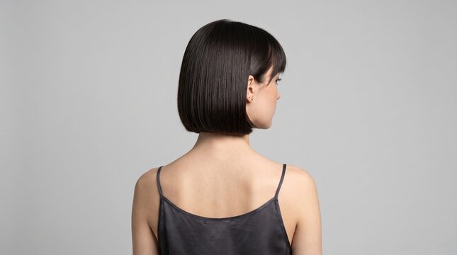 Young woman standing with back turned showing her healthy straight dark hair cut in a bob style while wearing a silk camisole top representing beauty and care in a professional fashion