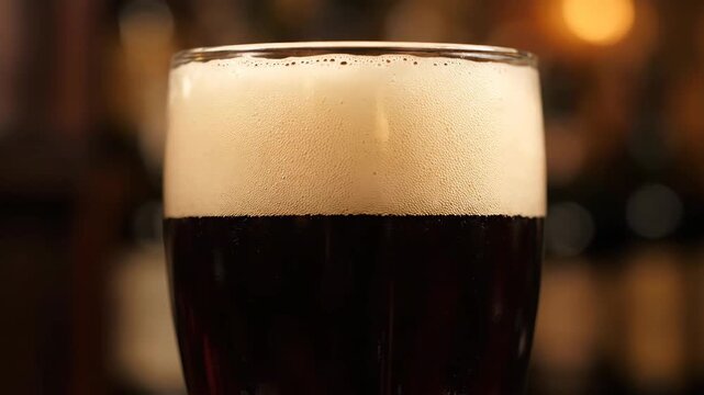 Extreme close-up of a dark stout beer in a glass showcasing the thick, creamy foam head and carbonation against a warm, blurred pub background.