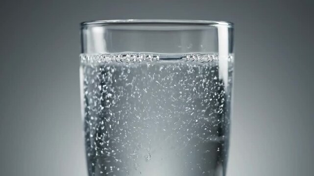 Extreme close-up of sparkling clear water or soda rapidly fizzing in a tall glass, highlighting rising carbonation bubbles and refreshing dynamic movement.