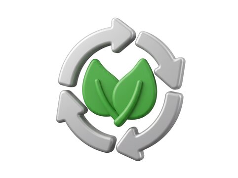 3D render of a circular recycle icon with green leaves representing sustainable eco friendly