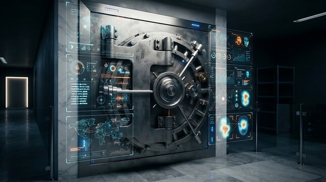 Futuristic bank vault with holographic displays showing financial data and security information in a modern secure facility
