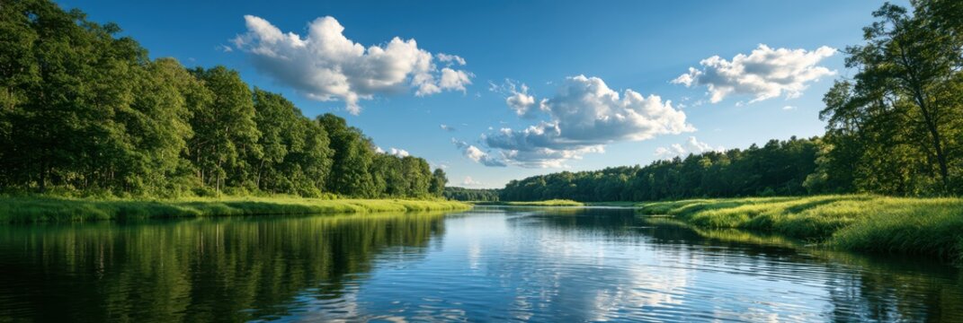 A serene river reflects the blue sky and white clouds, bordered by lush green trees under a bright, partly cloudy day.