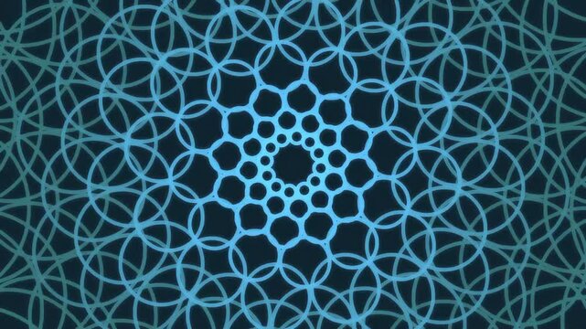 Circular mandala pattern forms an intricate blue geometric web on a dark background.
