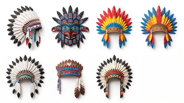 Collection of traditional Native American headdresses and wooden masks with colorful feathers isolated on white background