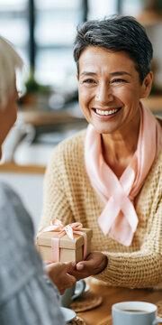 Woman gives gift to friend at kitchen table