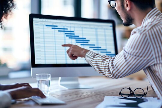 Business team work and collaboration on a project management gantt chart schedule